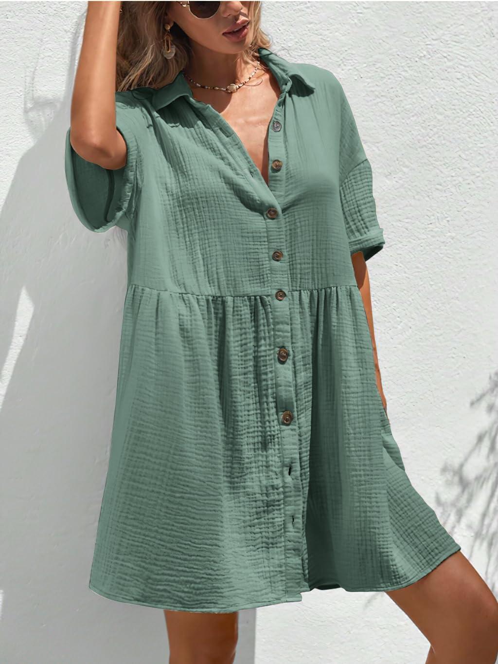 imagechouyatou Womens Casual Short Sleeve Button Down Mini Shirt Dress Cotton Babydoll Tunic Loose Beach DressOcean Green