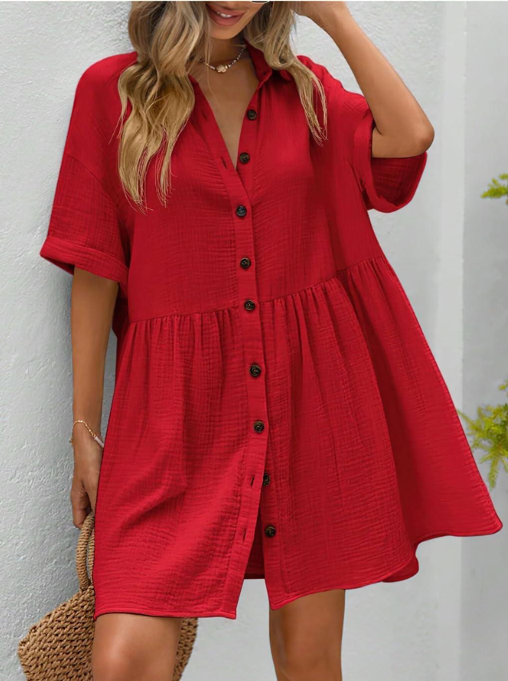imagechouyatou Womens Casual Short Sleeve Button Down Mini Shirt Dress Cotton Babydoll Tunic Loose Beach DressRed