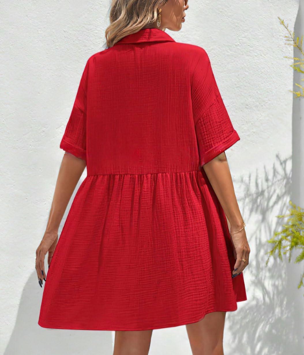 imagechouyatou Womens Casual Short Sleeve Button Down Mini Shirt Dress Cotton Babydoll Tunic Loose Beach DressRed