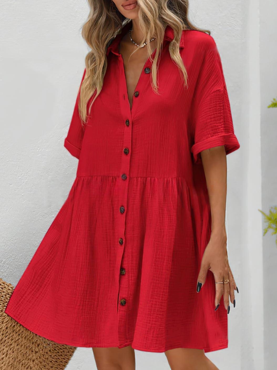 imagechouyatou Womens Casual Short Sleeve Button Down Mini Shirt Dress Cotton Babydoll Tunic Loose Beach DressRed