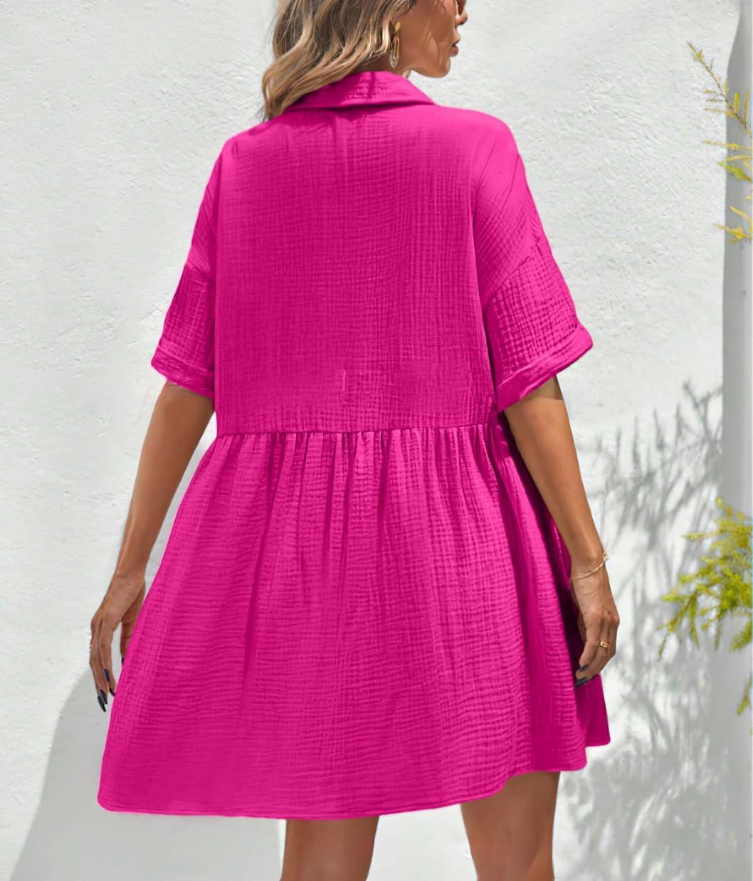 imagechouyatou Womens Casual Short Sleeve Button Down Mini Shirt Dress Cotton Babydoll Tunic Loose Beach DressRose Red