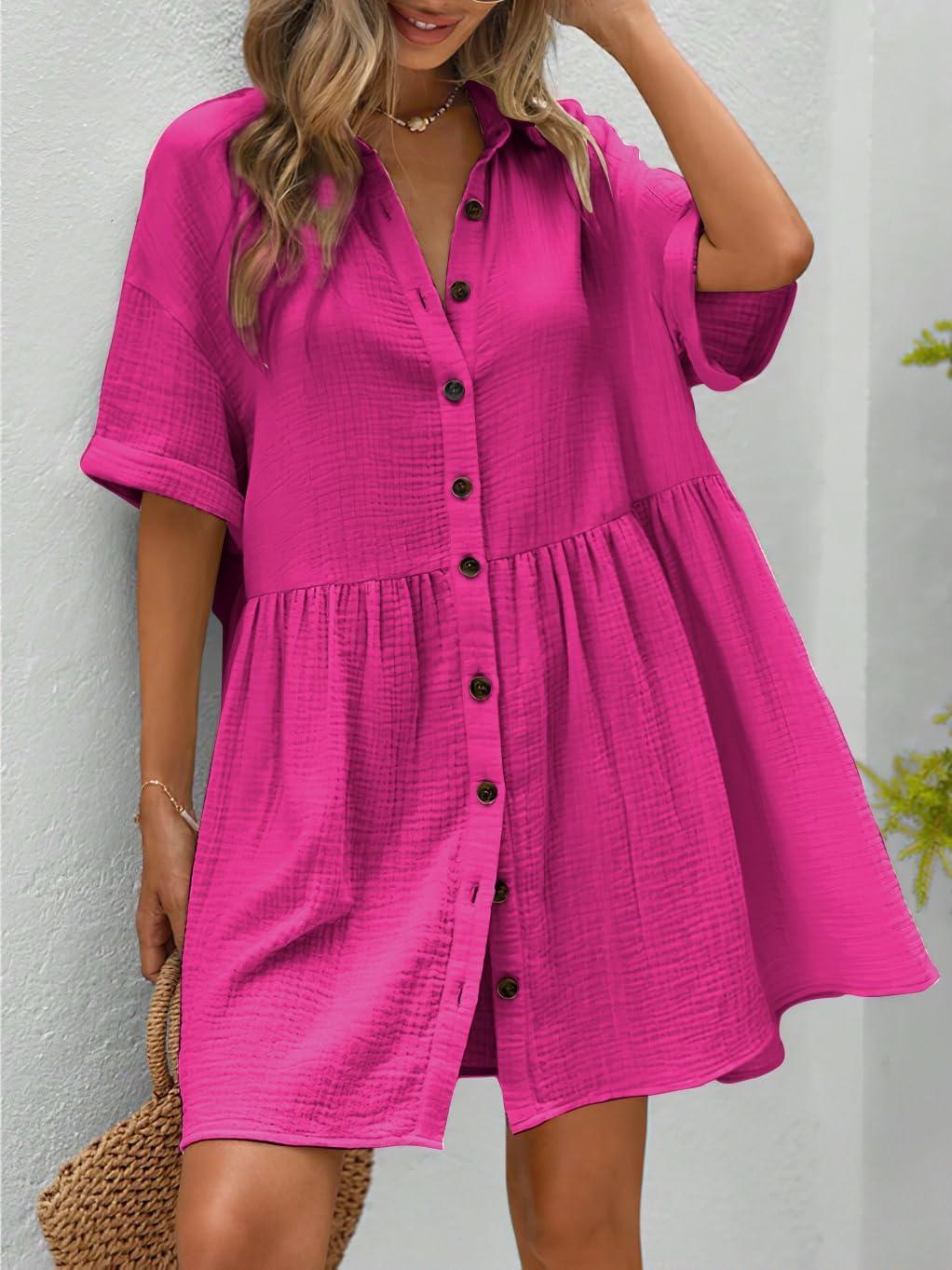imagechouyatou Womens Casual Short Sleeve Button Down Mini Shirt Dress Cotton Babydoll Tunic Loose Beach DressRose Red