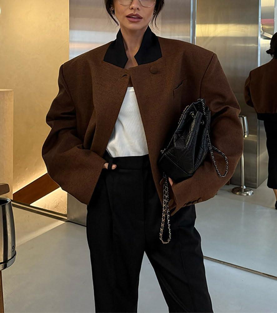 imagechouyatou Womens Casual Single Breasted Cropped Wool Blazer Jacket Contrast Collar Wool Blend Short Pea Coat OvercoatBrown