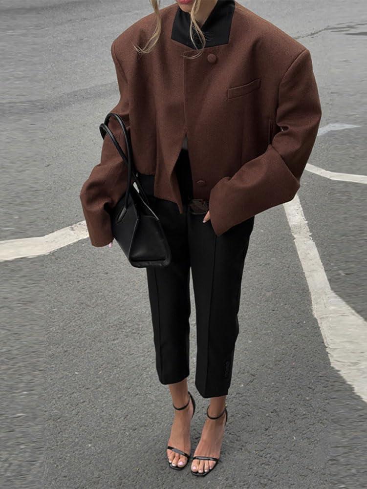 imagechouyatou Womens Casual Single Breasted Cropped Wool Blazer Jacket Contrast Collar Wool Blend Short Pea Coat OvercoatBrown
