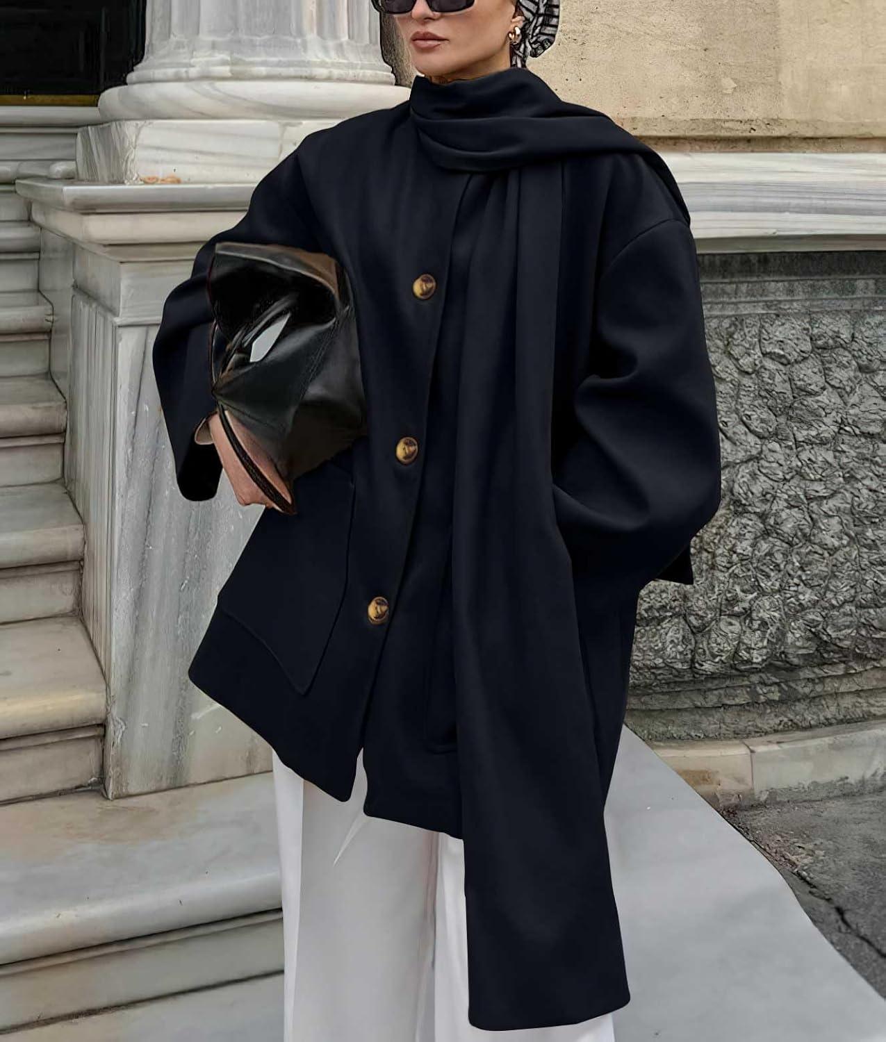 imagechouyatou Womens Casual Single Breasted Wool Coat with Scarf Office Work Wool Blend Trench Pea Coat OvercoatBlack