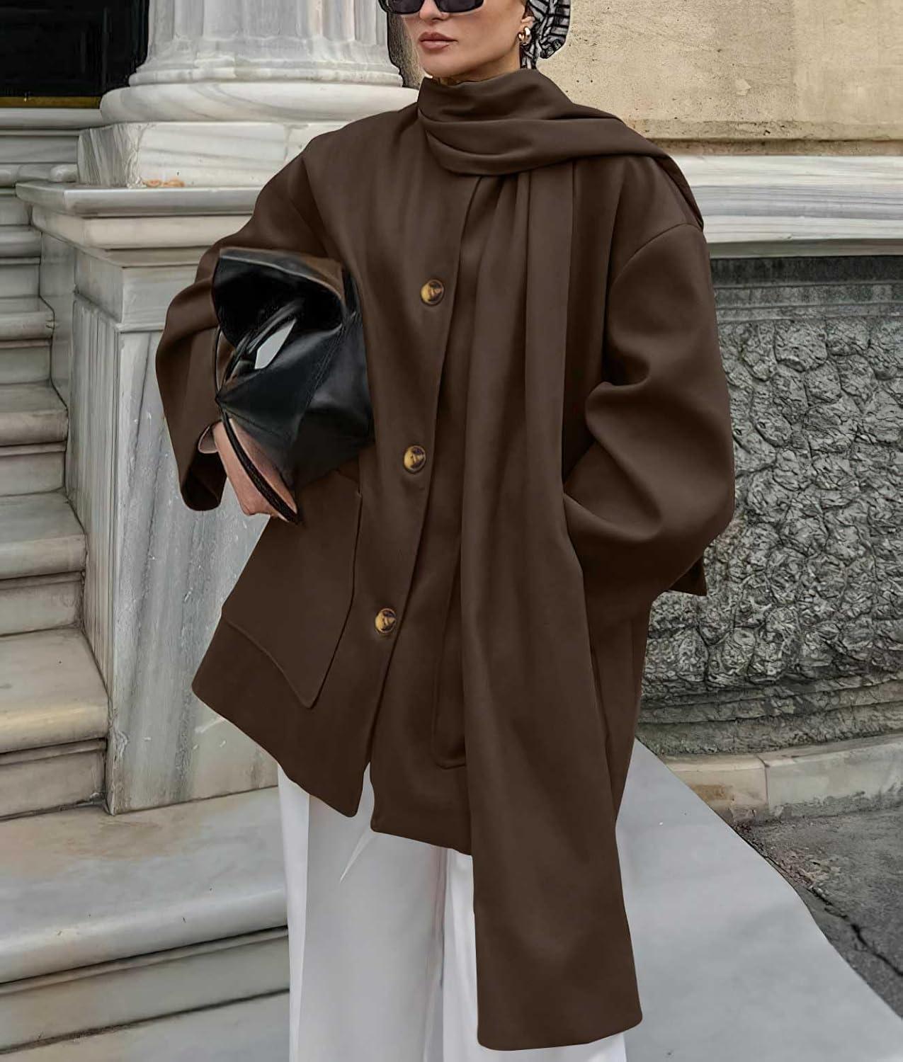 imagechouyatou Womens Casual Single Breasted Wool Coat with Scarf Office Work Wool Blend Trench Pea Coat OvercoatCoffee