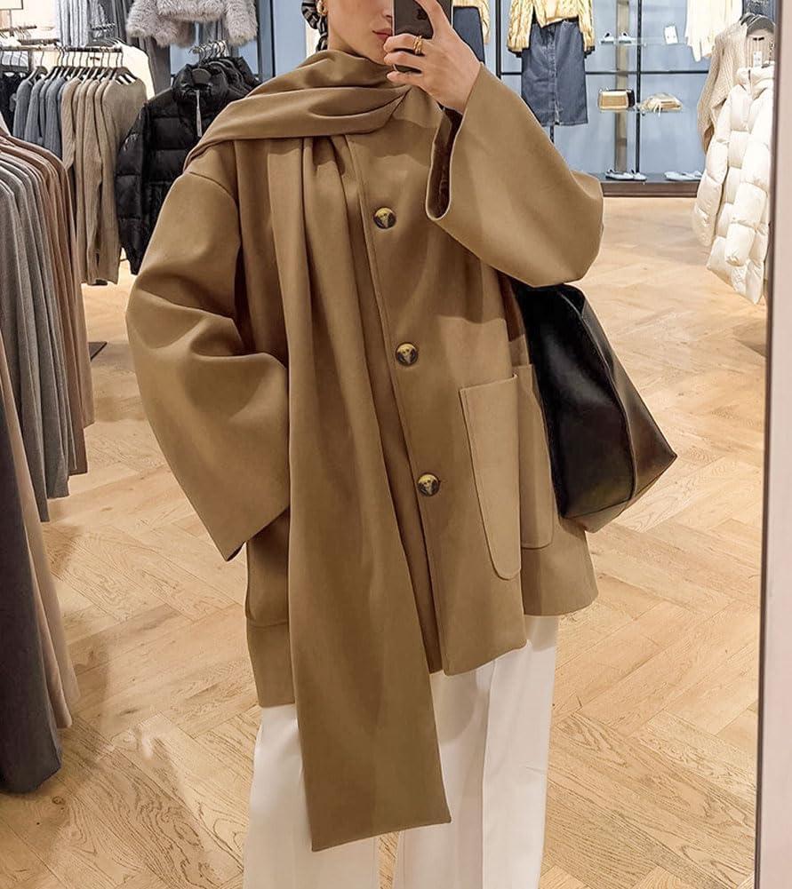 imagechouyatou Womens Casual Single Breasted Wool Coat with Scarf Office Work Wool Blend Trench Pea Coat OvercoatKhaki