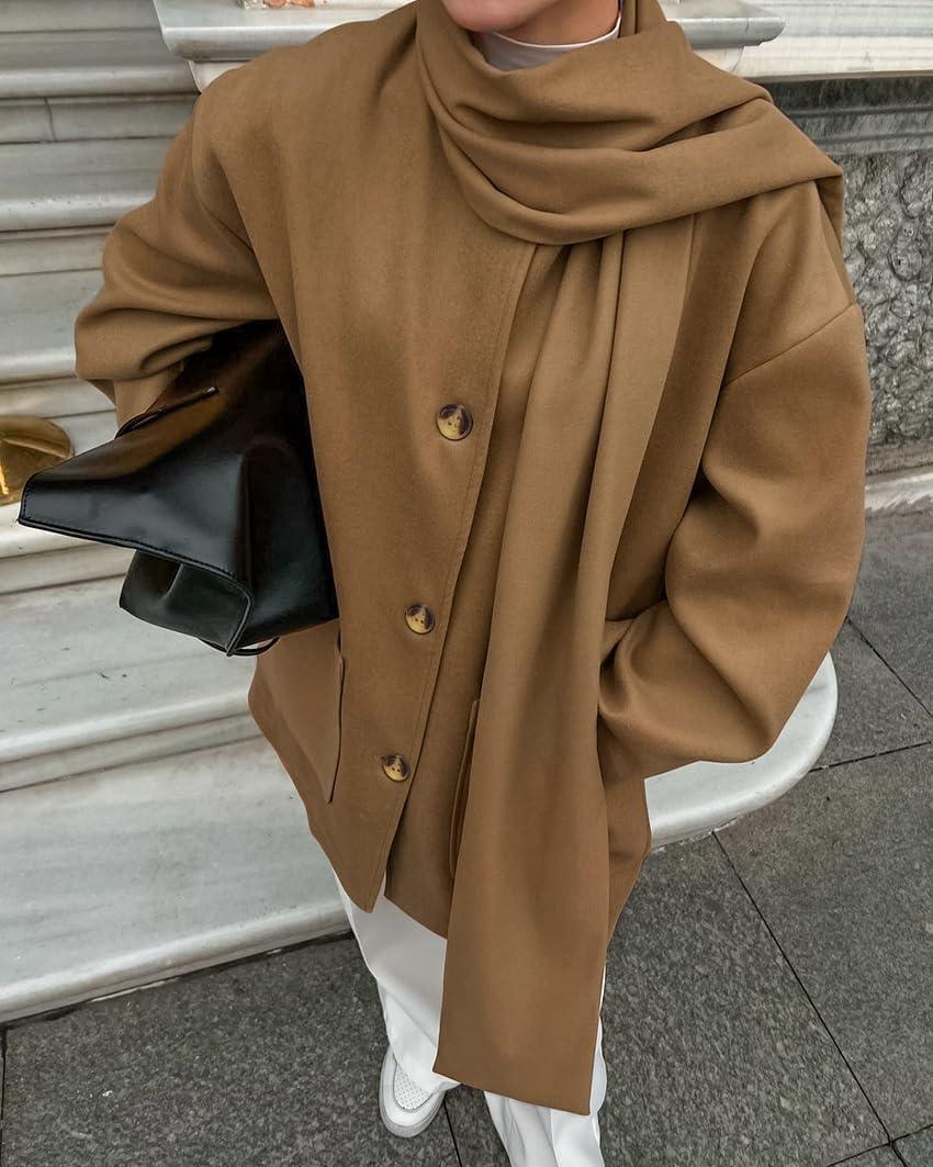 imagechouyatou Womens Casual Single Breasted Wool Coat with Scarf Office Work Wool Blend Trench Pea Coat OvercoatKhaki