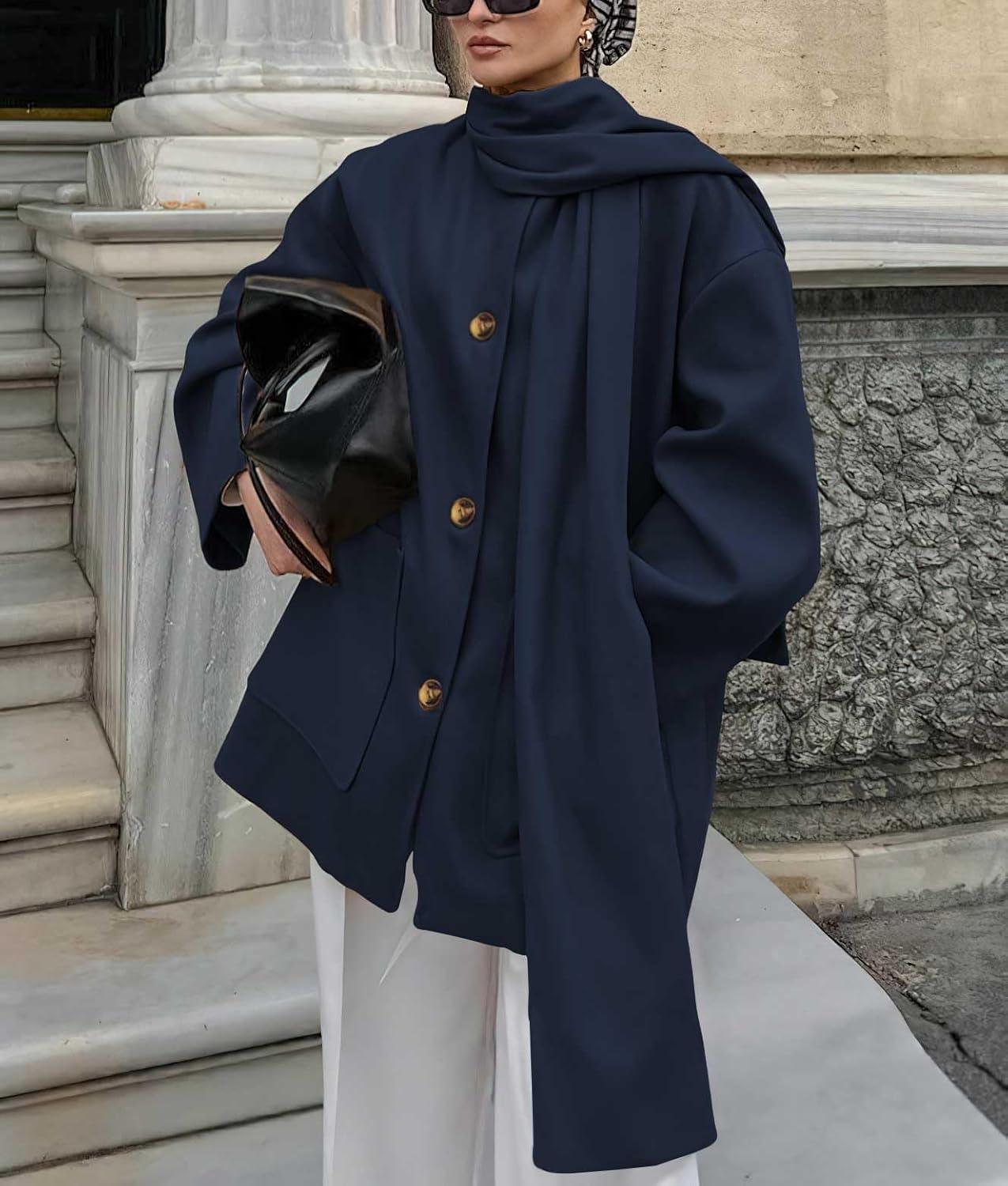 imagechouyatou Womens Casual Single Breasted Wool Coat with Scarf Office Work Wool Blend Trench Pea Coat OvercoatNavy Blue