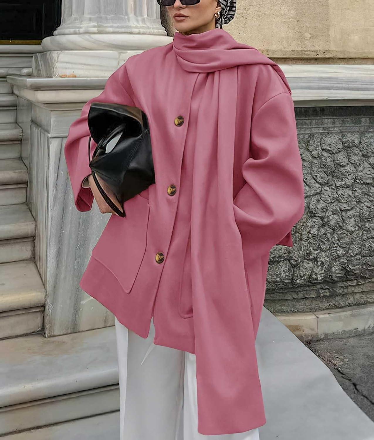imagechouyatou Womens Casual Single Breasted Wool Coat with Scarf Office Work Wool Blend Trench Pea Coat OvercoatRose Red