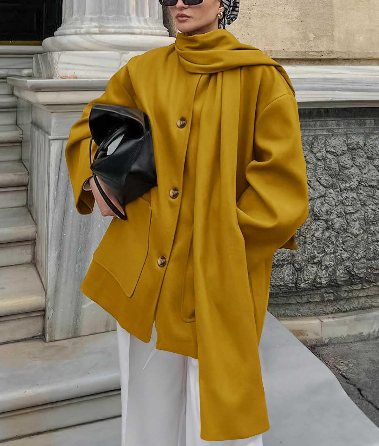 imagechouyatou Womens Casual Single Breasted Wool Coat with Scarf Office Work Wool Blend Trench Pea Coat OvercoatYellow