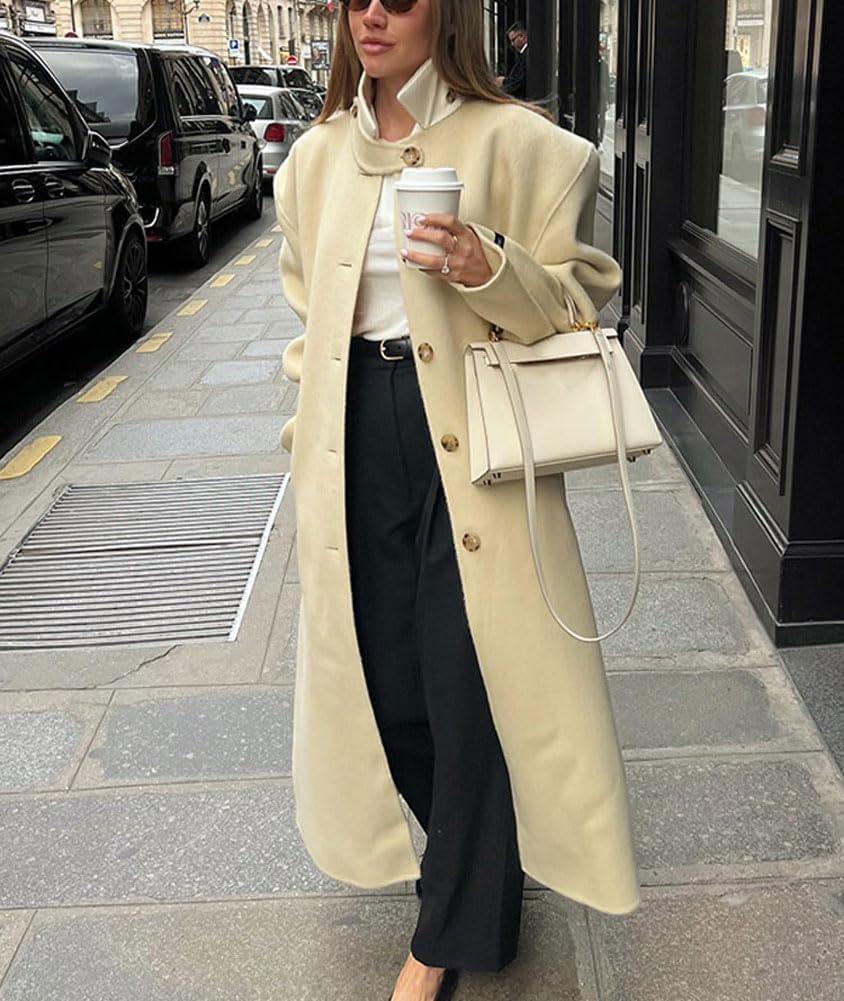 imagechouyatou Womens Casual Stand Collar Wool Coat Single Breasted Duster Long Trench Pea Coat Overcoat with PocketsApricot