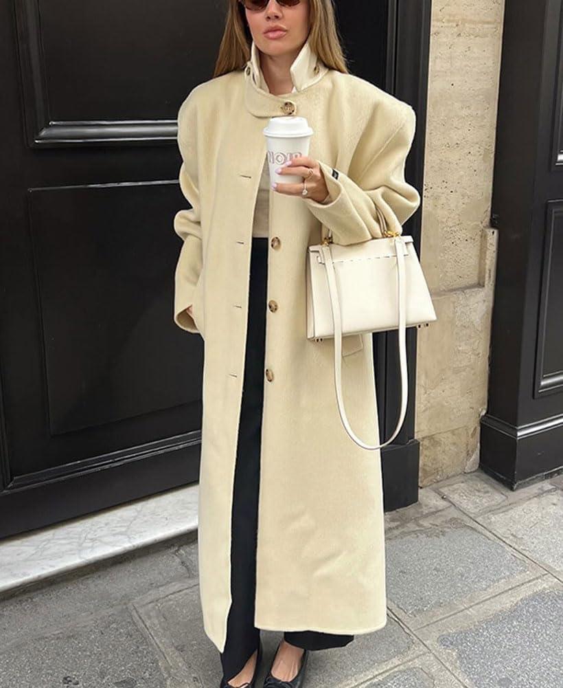 imagechouyatou Womens Casual Stand Collar Wool Coat Single Breasted Duster Long Trench Pea Coat Overcoat with PocketsApricot