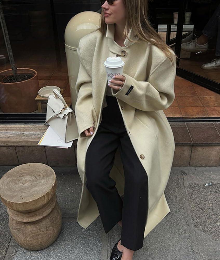 imagechouyatou Womens Casual Stand Collar Wool Coat Single Breasted Duster Long Trench Pea Coat Overcoat with PocketsApricot