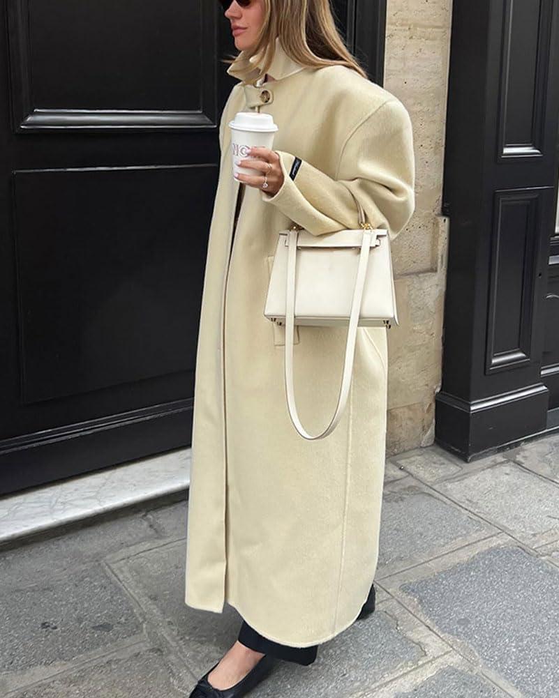 imagechouyatou Womens Casual Stand Collar Wool Coat Single Breasted Duster Long Trench Pea Coat Overcoat with PocketsApricot