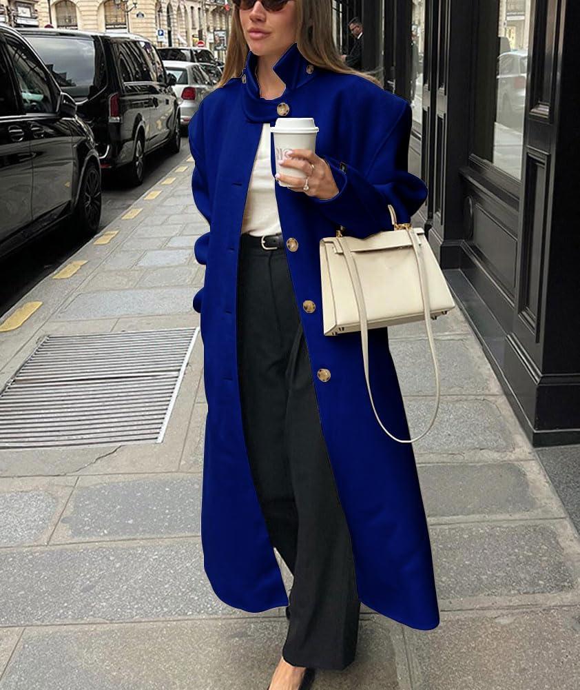 imagechouyatou Womens Casual Stand Collar Wool Coat Single Breasted Duster Long Trench Pea Coat Overcoat with PocketsBlue