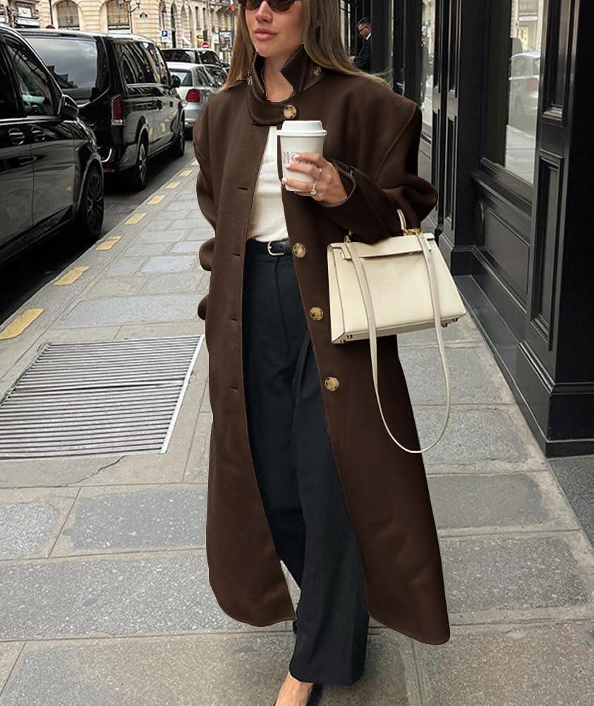 imagechouyatou Womens Casual Stand Collar Wool Coat Single Breasted Duster Long Trench Pea Coat Overcoat with PocketsCoffee