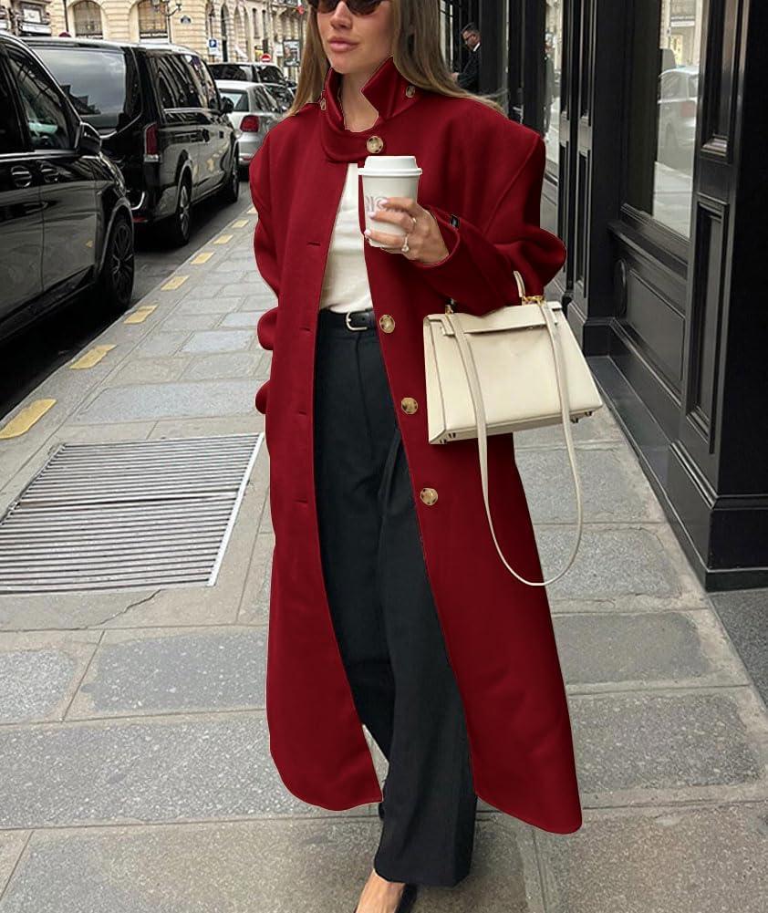imagechouyatou Womens Casual Stand Collar Wool Coat Single Breasted Duster Long Trench Pea Coat Overcoat with PocketsDark Red