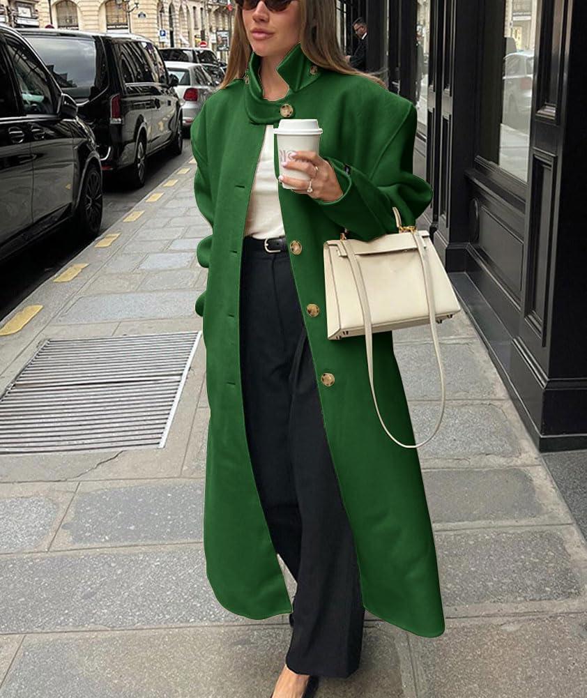 imagechouyatou Womens Casual Stand Collar Wool Coat Single Breasted Duster Long Trench Pea Coat Overcoat with PocketsGreen