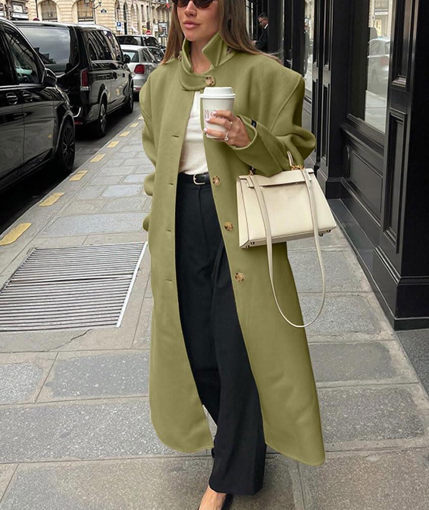 imagechouyatou Womens Casual Stand Collar Wool Coat Single Breasted Duster Long Trench Pea Coat Overcoat with PocketsLight Green