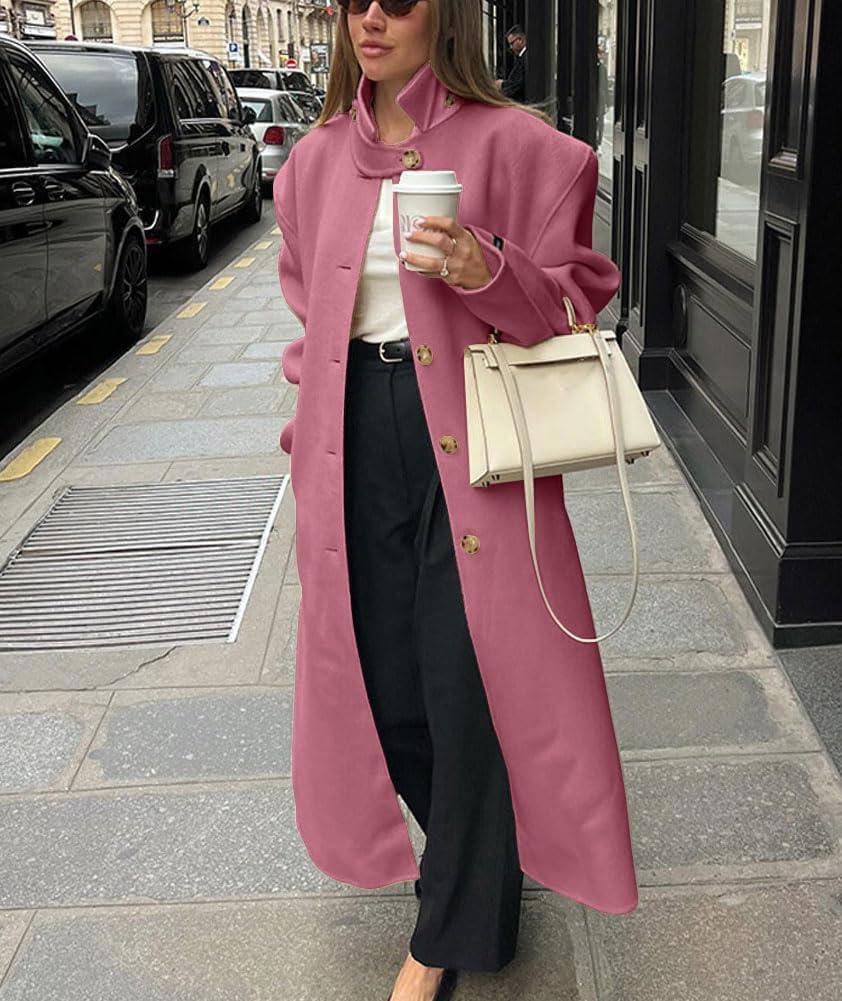 imagechouyatou Womens Casual Stand Collar Wool Coat Single Breasted Duster Long Trench Pea Coat Overcoat with PocketsPink