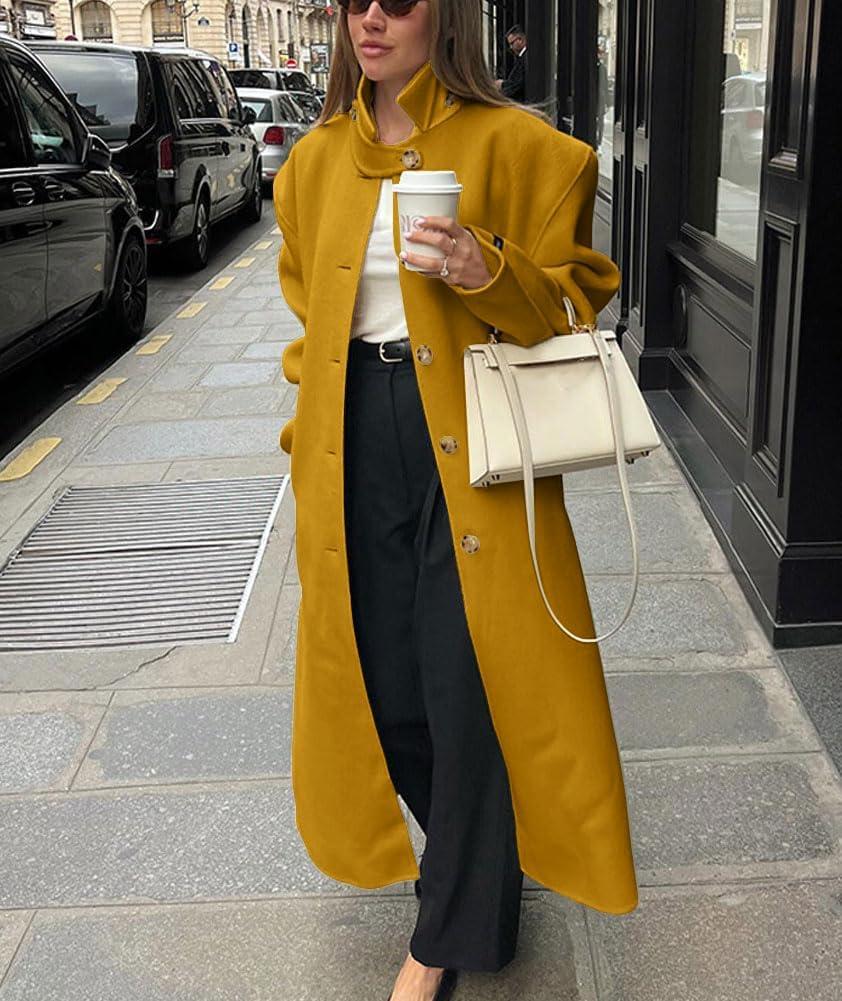 imagechouyatou Womens Casual Stand Collar Wool Coat Single Breasted Duster Long Trench Pea Coat Overcoat with PocketsYellow