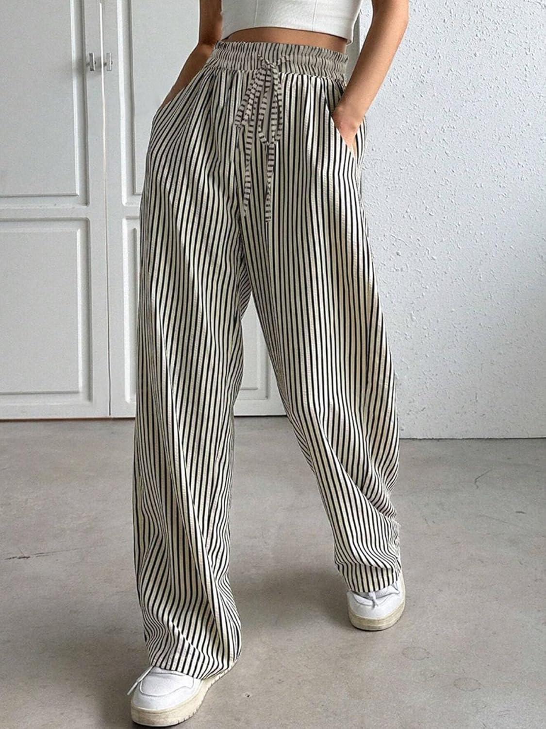 imagechouyatou Womens Casual Striped Wide Leg Pants Drawstring Elastic Waist Dress Palazzo Pants with PocketsBlack