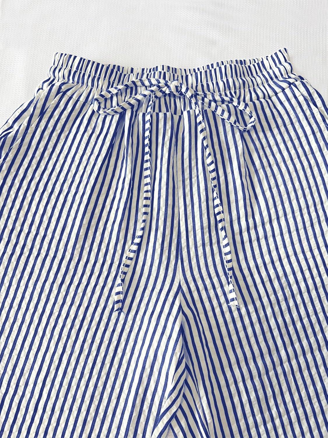 imagechouyatou Womens Casual Striped Wide Leg Pants Drawstring Elastic Waist Dress Palazzo Pants with PocketsBlue