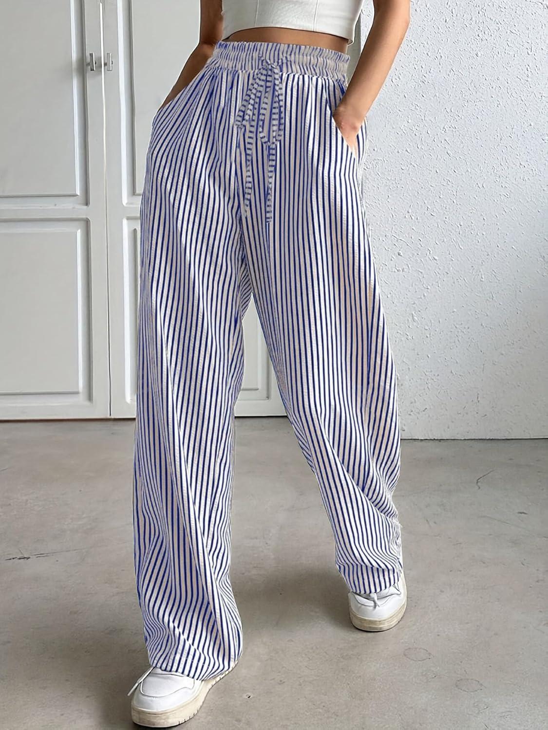 imagechouyatou Womens Casual Striped Wide Leg Pants Drawstring Elastic Waist Dress Palazzo Pants with PocketsBlue