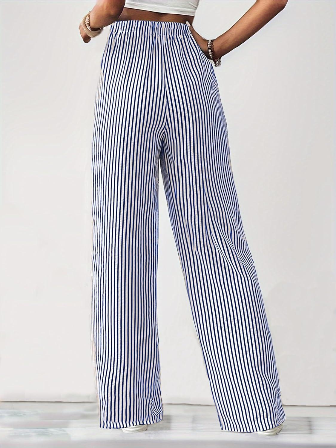 imagechouyatou Womens Casual Striped Wide Leg Pants Drawstring Elastic Waist Dress Palazzo Pants with PocketsBlue