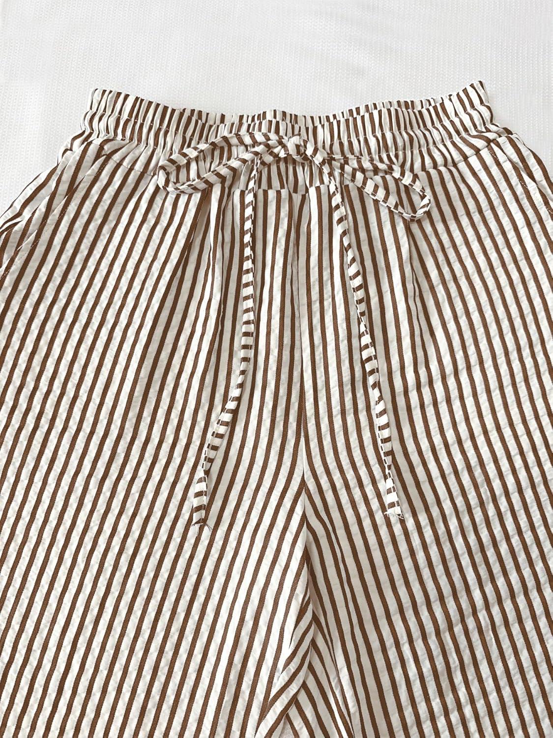 imagechouyatou Womens Casual Striped Wide Leg Pants Drawstring Elastic Waist Dress Palazzo Pants with PocketsBrown