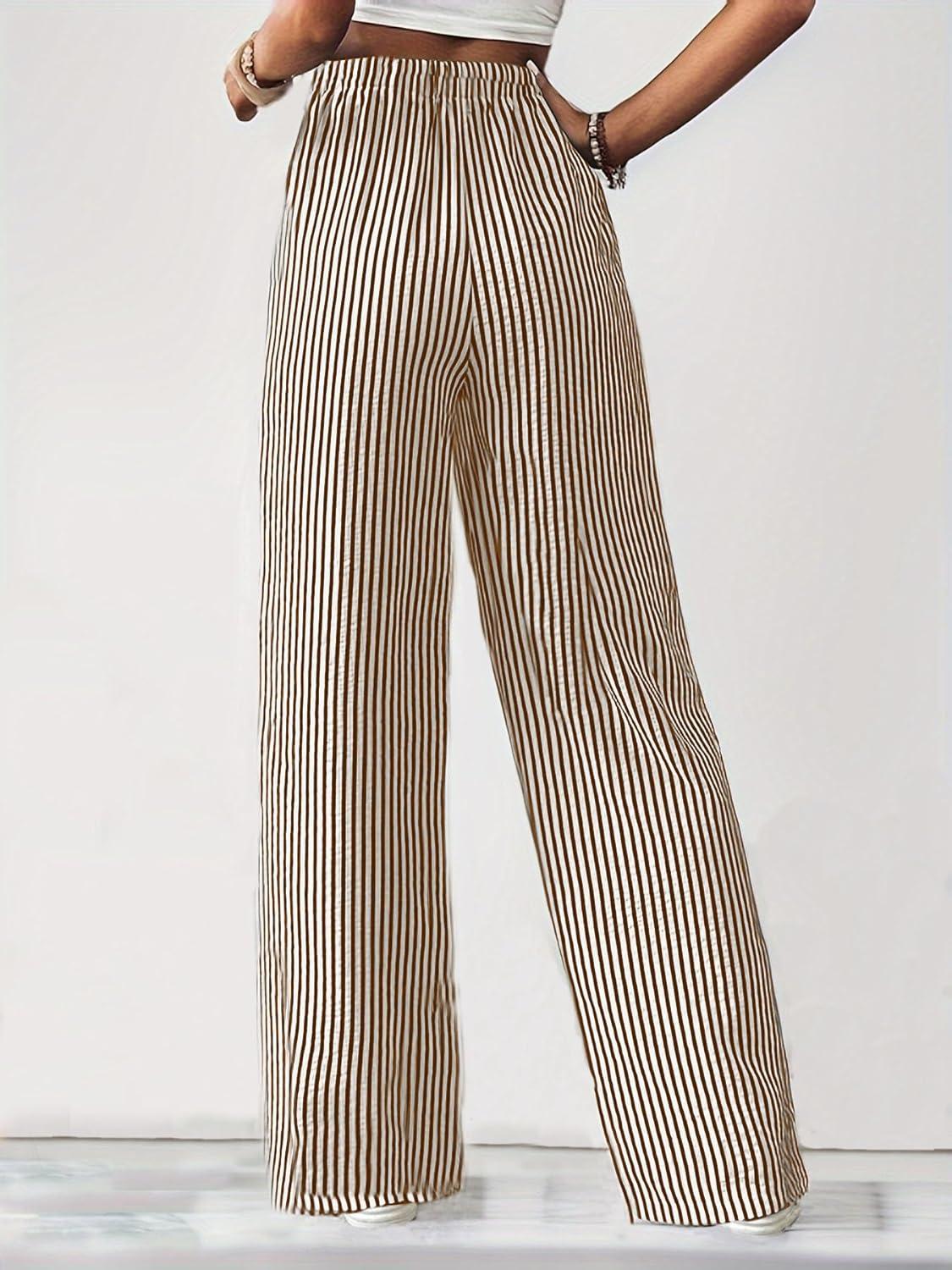 imagechouyatou Womens Casual Striped Wide Leg Pants Drawstring Elastic Waist Dress Palazzo Pants with PocketsBrown
