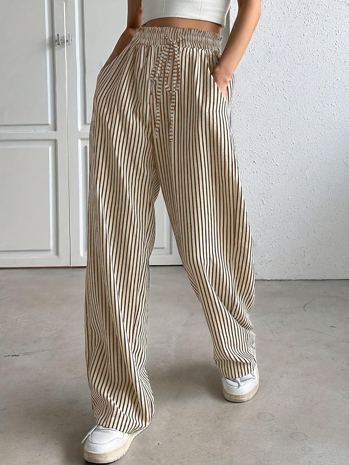 imagechouyatou Womens Casual Striped Wide Leg Pants Drawstring Elastic Waist Dress Palazzo Pants with PocketsBrown