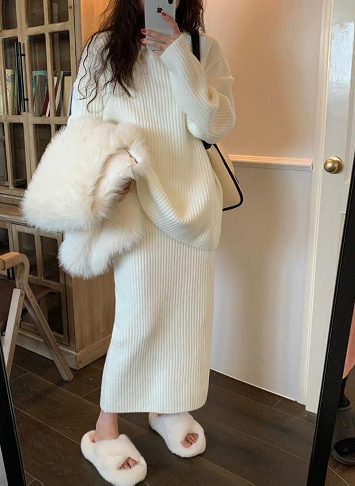 imagechouyatou Womens Casual Two Piece Sweater Skirt Sets Pullover Sweater Long Bodycon Skirt 2 Piece Fall OutfitsBeige