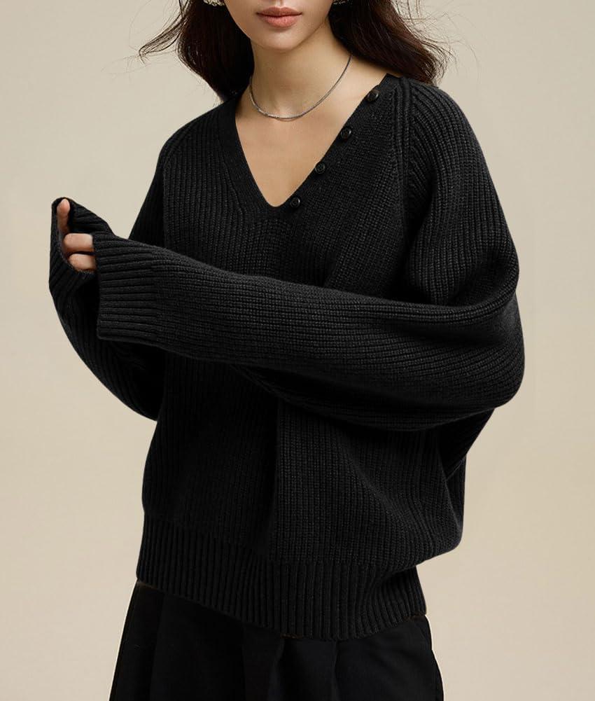 imagechouyatou Womens Casual V Neck Pullover Sweaters Ribbed Knit Slouchy Jumper Tops with Removable ScarfBlack