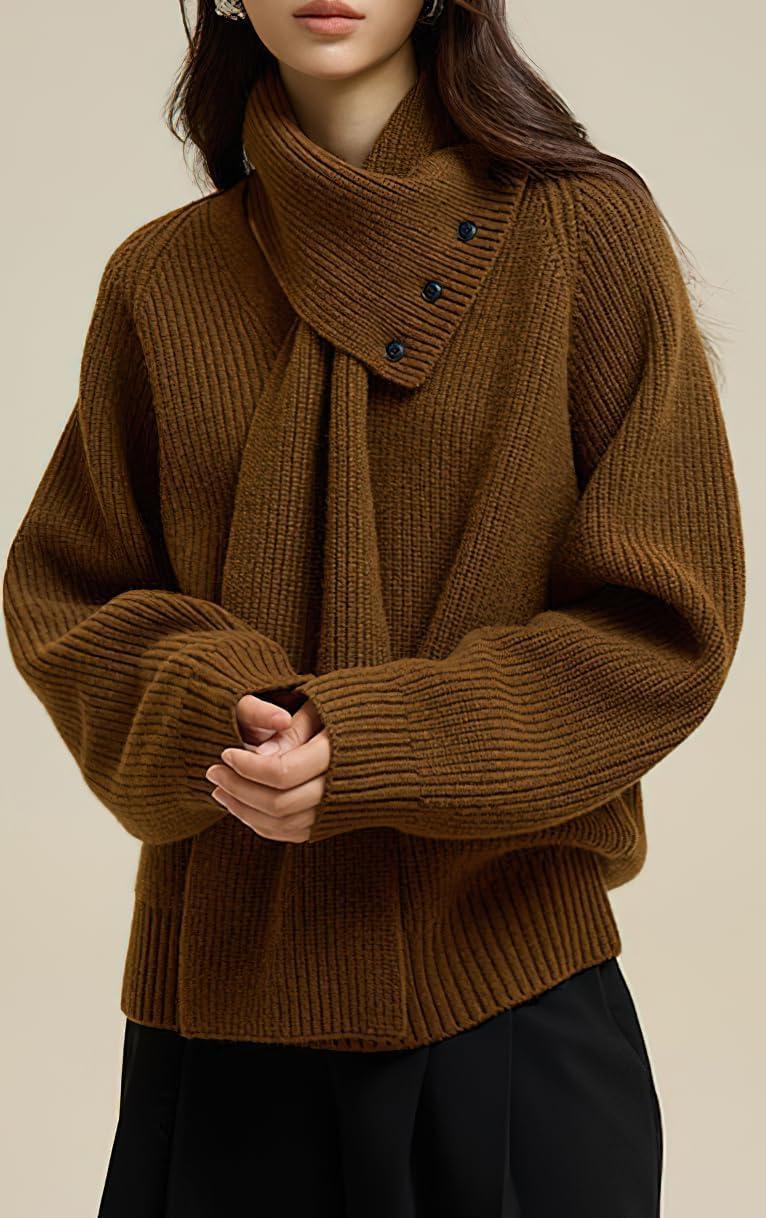 imagechouyatou Womens Casual V Neck Pullover Sweaters Ribbed Knit Slouchy Jumper Tops with Removable ScarfBrown