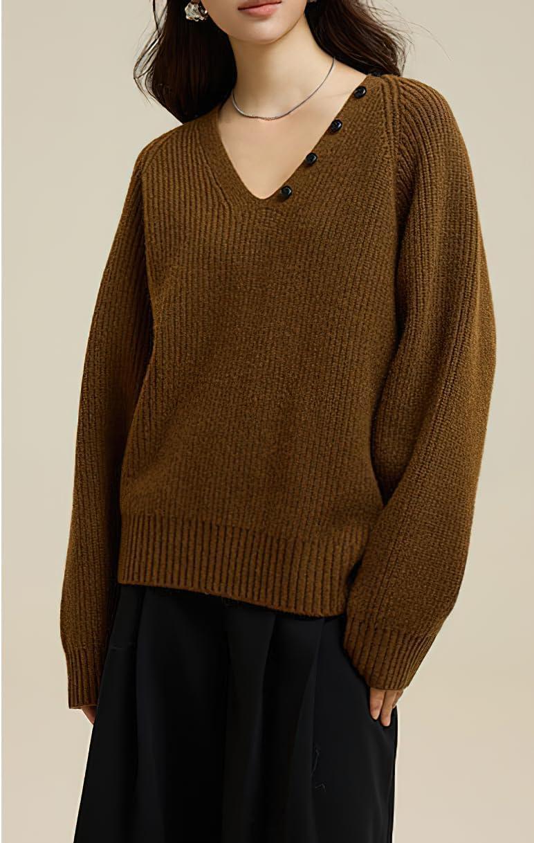 imagechouyatou Womens Casual V Neck Pullover Sweaters Ribbed Knit Slouchy Jumper Tops with Removable ScarfBrown