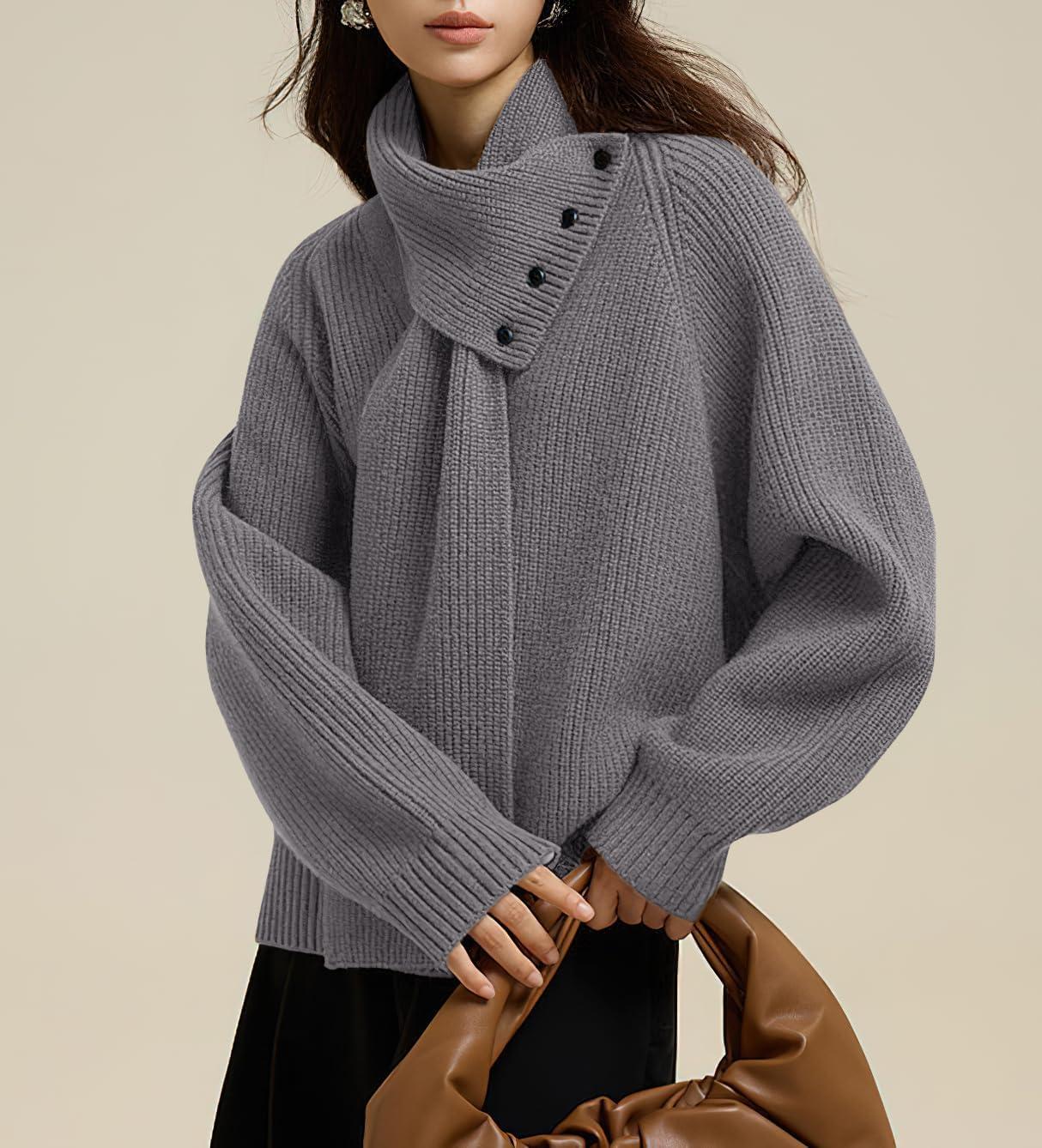 imagechouyatou Womens Casual V Neck Pullover Sweaters Ribbed Knit Slouchy Jumper Tops with Removable ScarfGray