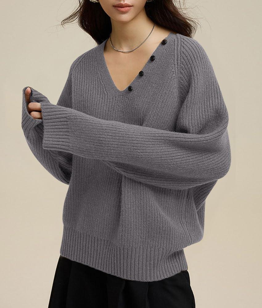 imagechouyatou Womens Casual V Neck Pullover Sweaters Ribbed Knit Slouchy Jumper Tops with Removable ScarfGray