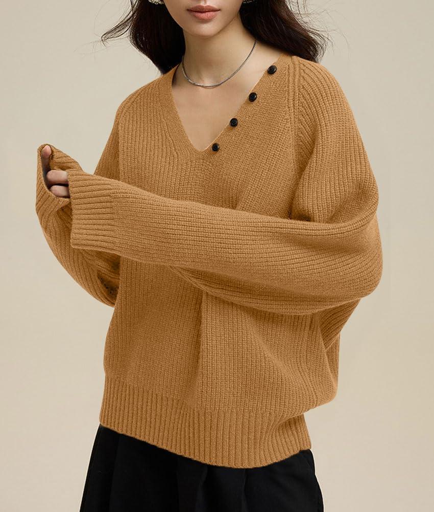 imagechouyatou Womens Casual V Neck Pullover Sweaters Ribbed Knit Slouchy Jumper Tops with Removable ScarfKhaki