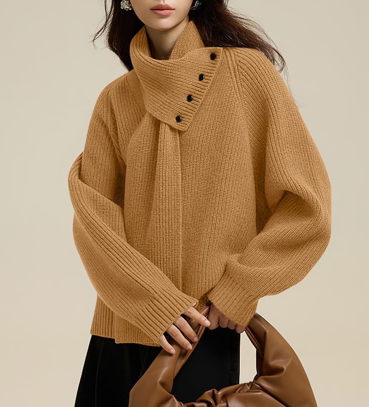 imagechouyatou Womens Casual V Neck Pullover Sweaters Ribbed Knit Slouchy Jumper Tops with Removable ScarfKhaki