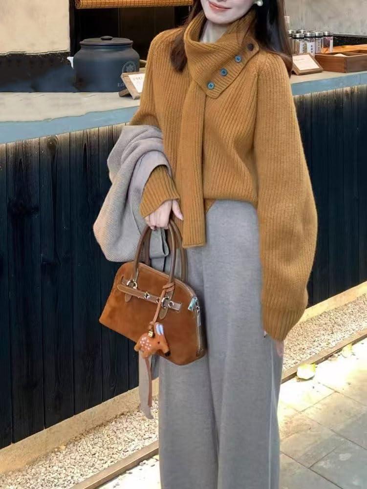 imagechouyatou Womens Casual V Neck Pullover Sweaters Ribbed Knit Slouchy Jumper Tops with Removable ScarfKhaki