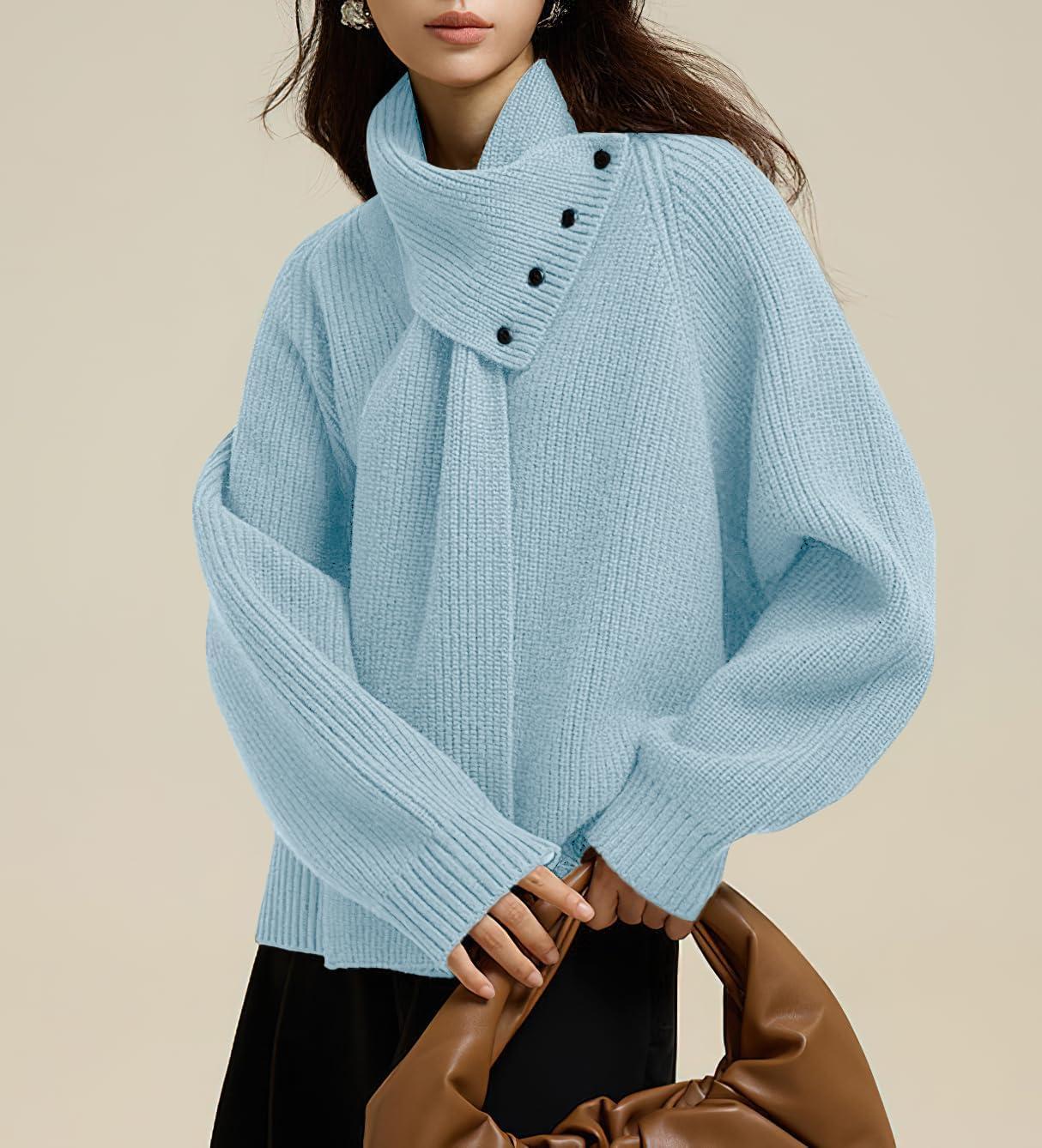imagechouyatou Womens Casual V Neck Pullover Sweaters Ribbed Knit Slouchy Jumper Tops with Removable ScarfLight Blue