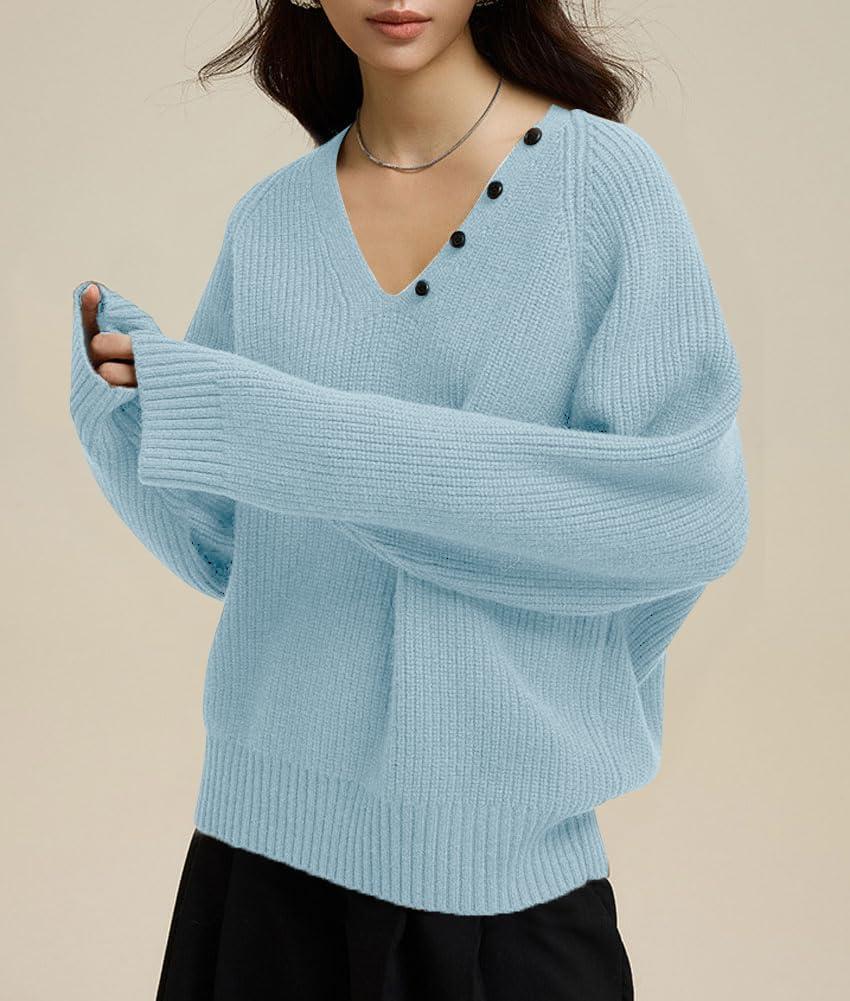 imagechouyatou Womens Casual V Neck Pullover Sweaters Ribbed Knit Slouchy Jumper Tops with Removable ScarfLight Blue