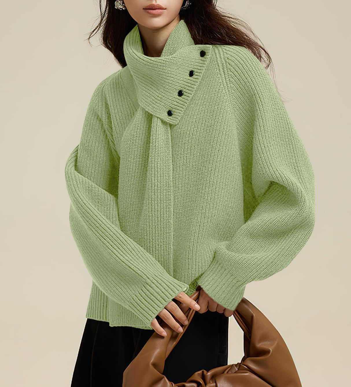 imagechouyatou Womens Casual V Neck Pullover Sweaters Ribbed Knit Slouchy Jumper Tops with Removable ScarfLight Green