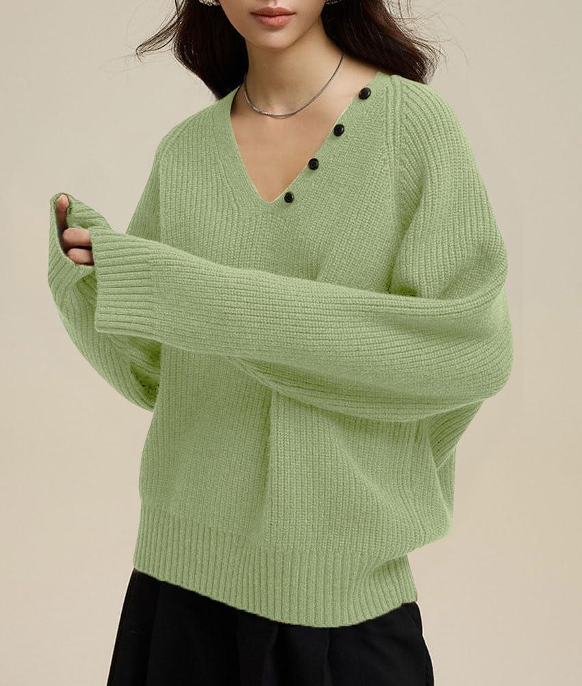 imagechouyatou Womens Casual V Neck Pullover Sweaters Ribbed Knit Slouchy Jumper Tops with Removable ScarfLight Green