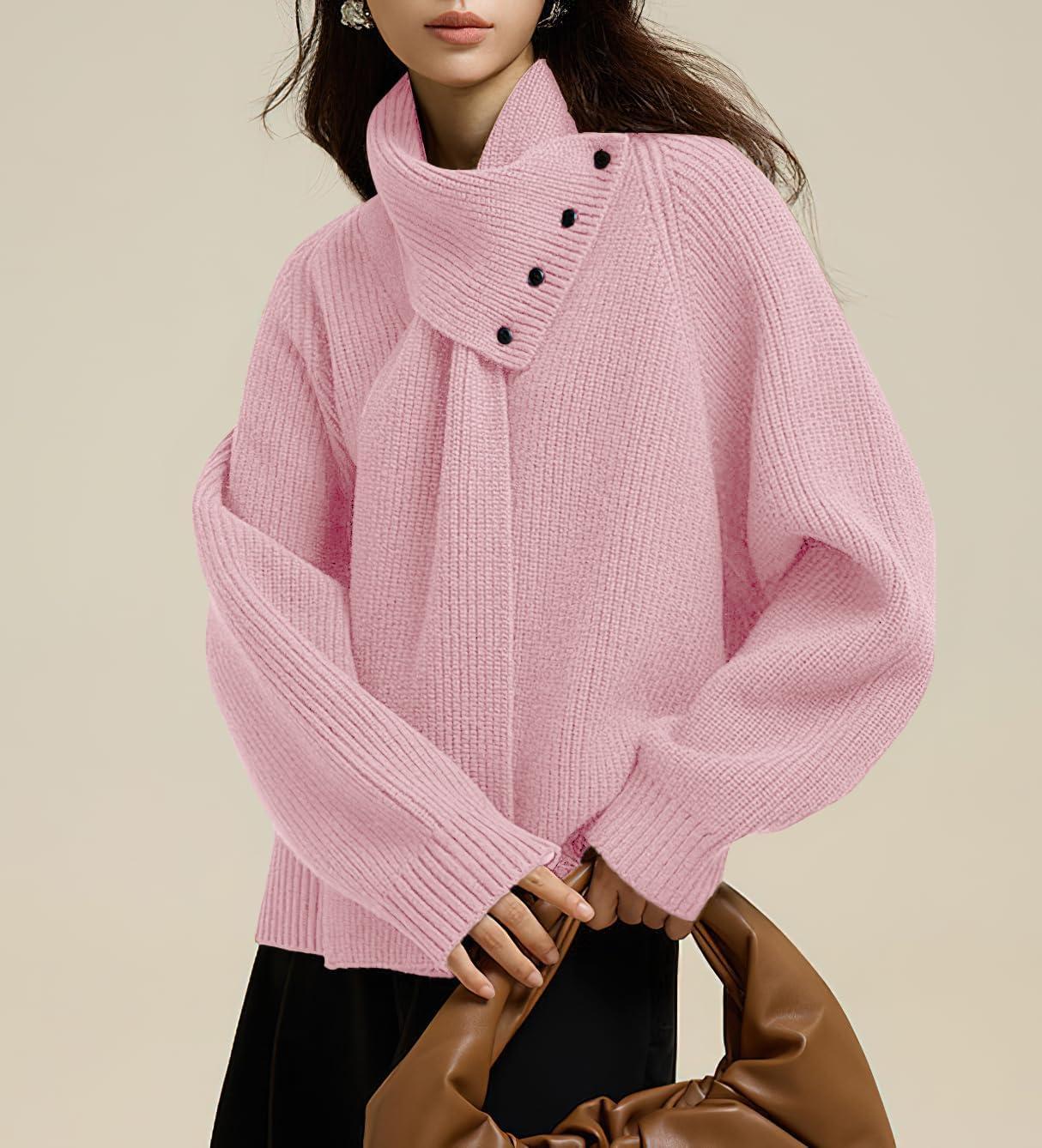 imagechouyatou Womens Casual V Neck Pullover Sweaters Ribbed Knit Slouchy Jumper Tops with Removable ScarfPink