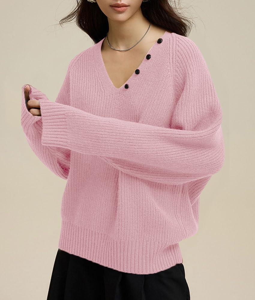 imagechouyatou Womens Casual V Neck Pullover Sweaters Ribbed Knit Slouchy Jumper Tops with Removable ScarfPink
