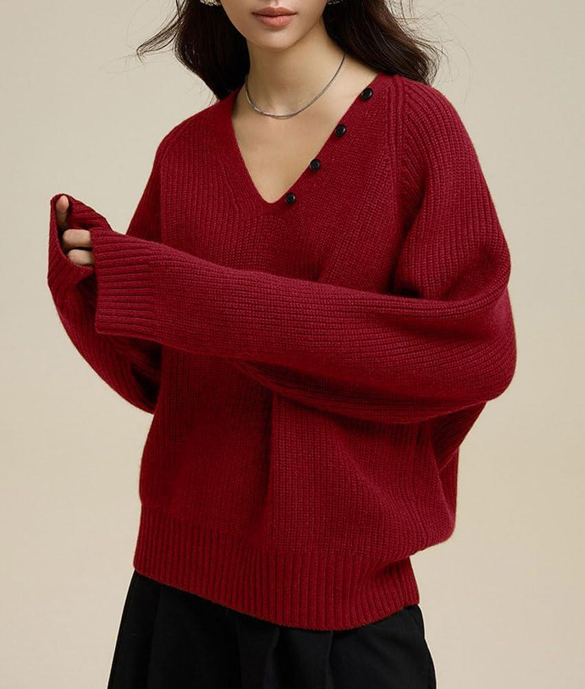 imagechouyatou Womens Casual V Neck Pullover Sweaters Ribbed Knit Slouchy Jumper Tops with Removable ScarfWine Red