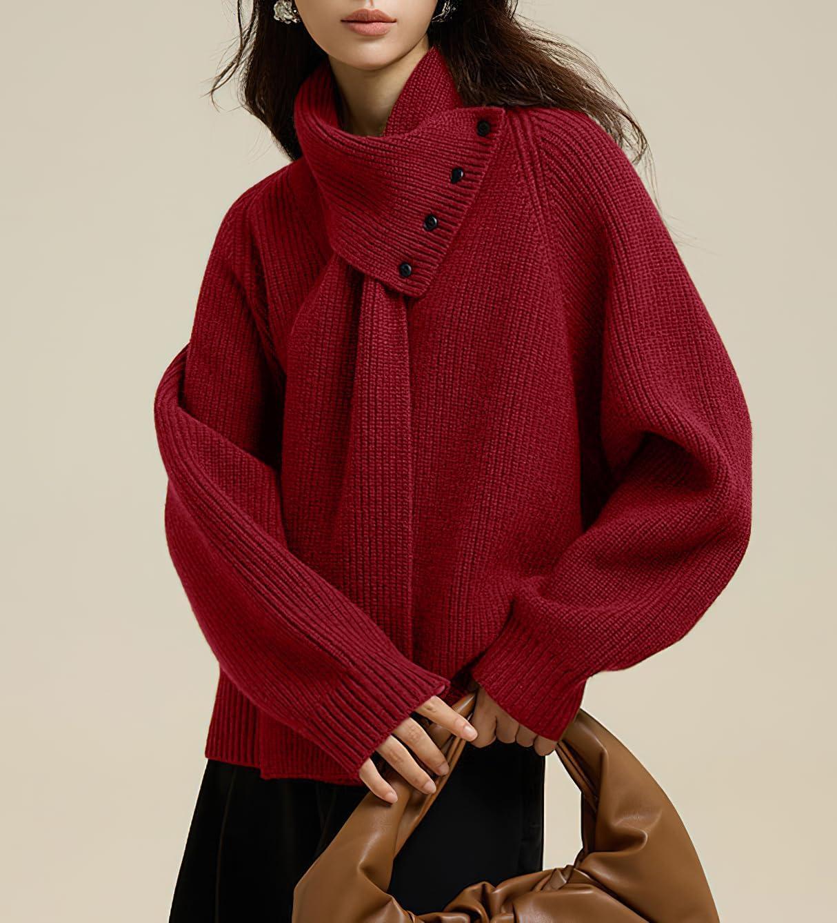 imagechouyatou Womens Casual V Neck Pullover Sweaters Ribbed Knit Slouchy Jumper Tops with Removable ScarfWine Red